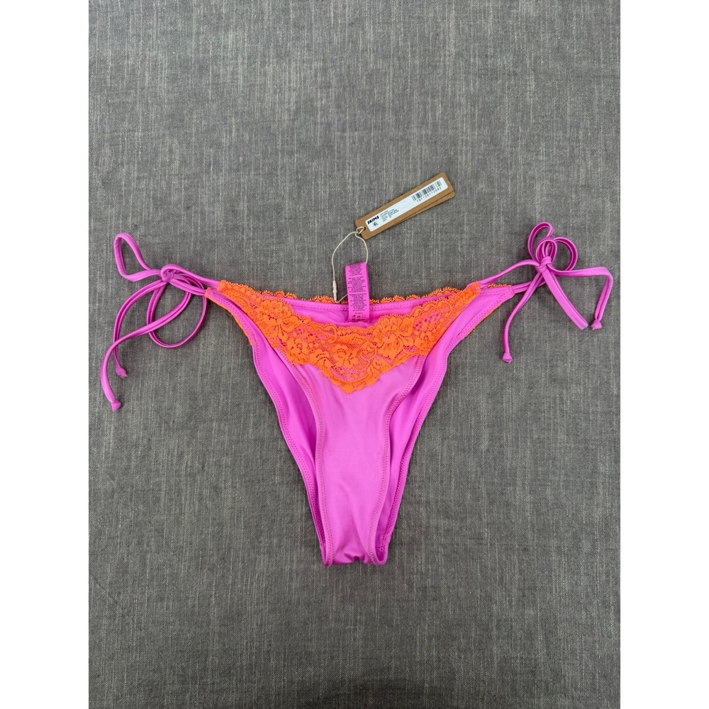 SKIMS Lace Swim Tie Bikini Bottom Lace Trim Neon Orchid Pink Orange Size XS NWT
